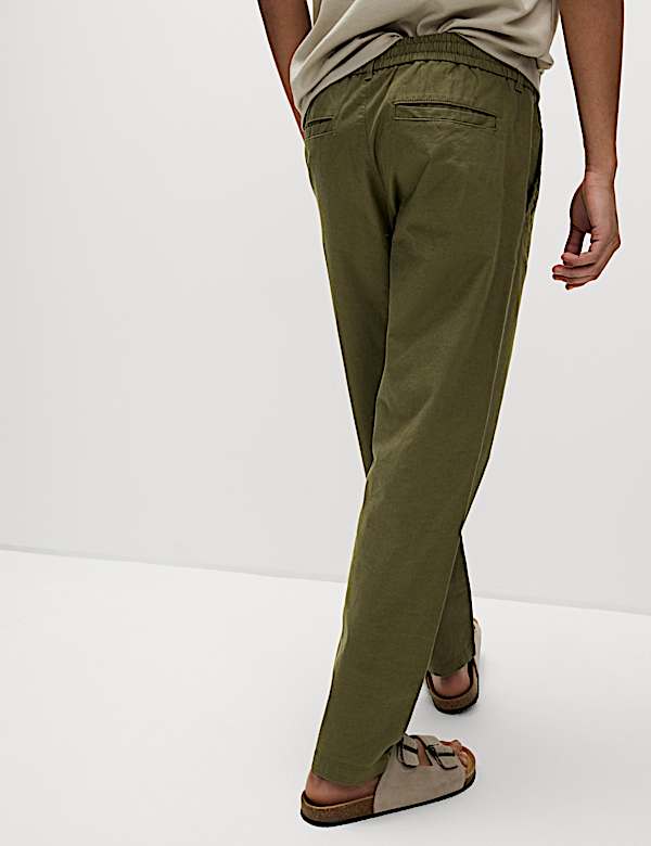 Tapered Fit Cotton Linen Blend Elasticated Trousers - NL