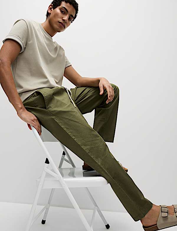 Tapered Fit Cotton Linen Blend Elasticated Trousers - NL