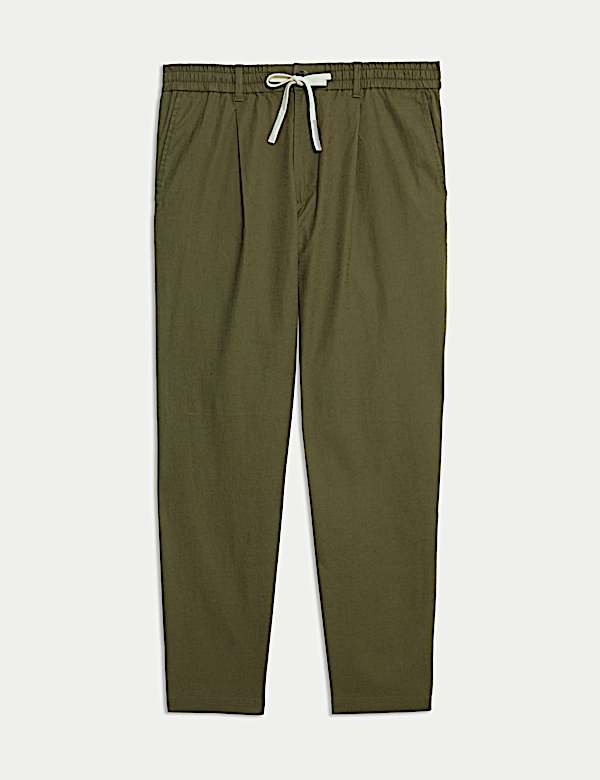 Tapered Fit Cotton Linen Blend Elasticated Trousers - NL