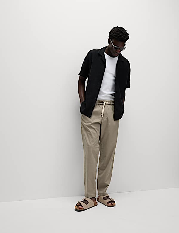 Tapered Fit Cotton Linen Blend Elasticated Trousers