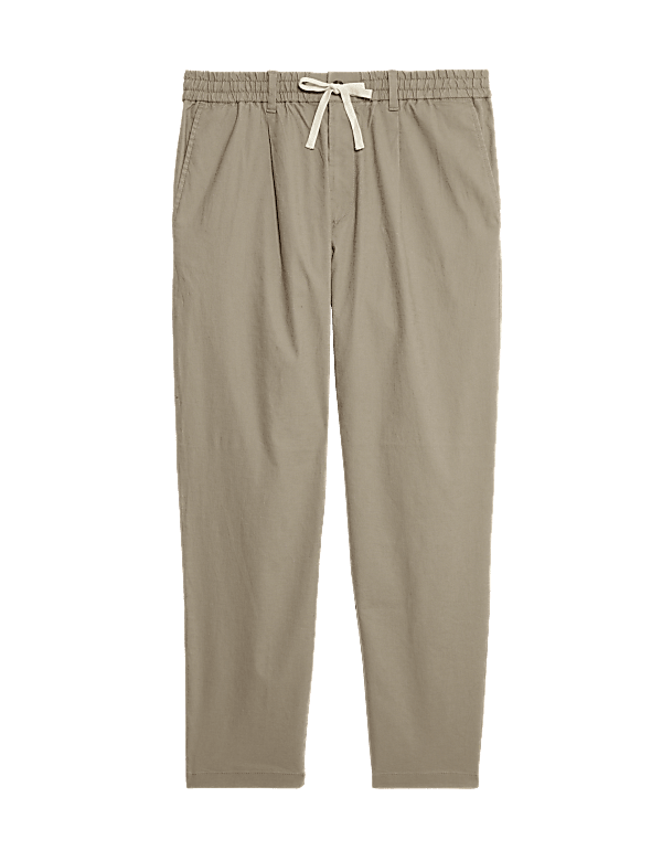 Tapered Fit Cotton Linen Blend Elasticated Trousers