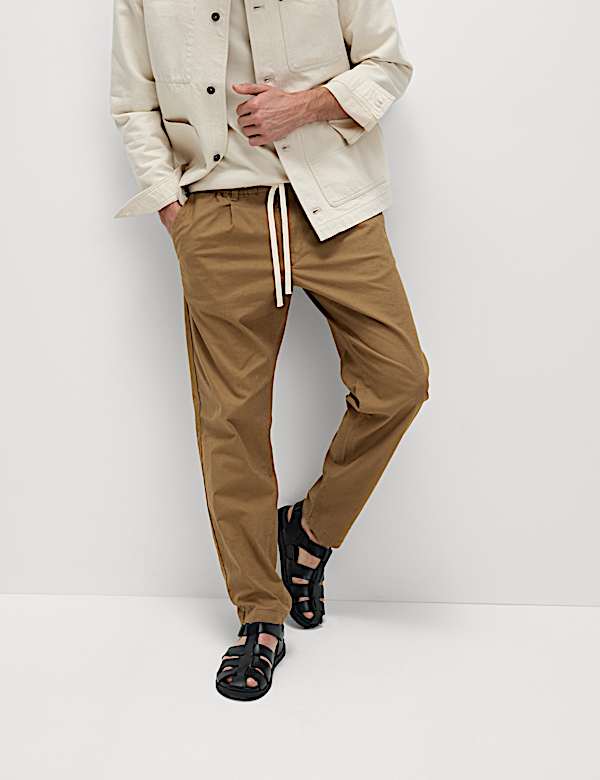 Tapered Fit Cotton Linen Blend Elasticated Trousers - VN