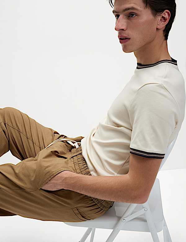 Tapered Fit Cotton Linen Blend Elasticated Trousers - VN