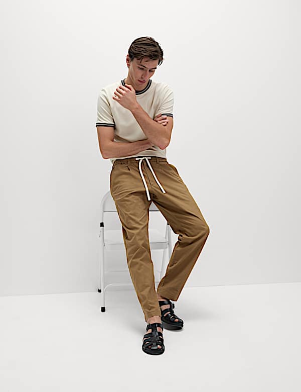 Tapered Fit Cotton Linen Blend Elasticated Trousers - VN