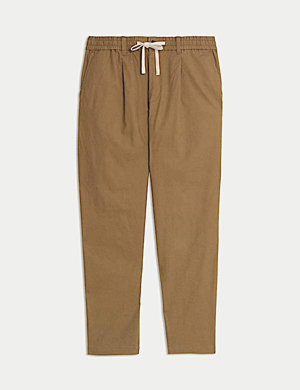 Tapered Fit Cotton Linen Blend Elasticated Trousers - VN