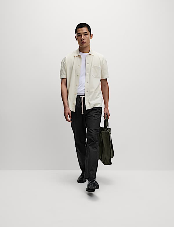 Tapered Fit Cotton Linen Blend Elasticated Trousers