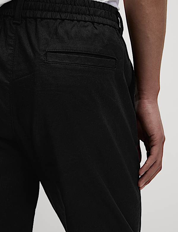 Tapered Fit Cotton Linen Blend Elasticated Trousers