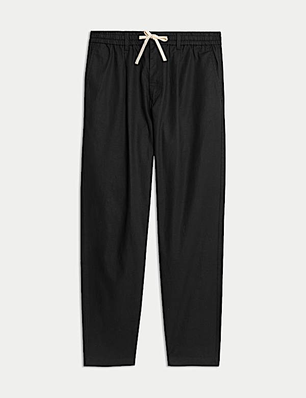 Tapered Fit Cotton Linen Blend Elasticated Trousers - NO