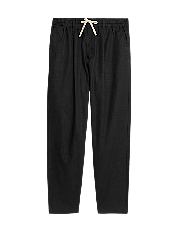 Tapered Fit Cotton Linen Blend Elasticated Trousers