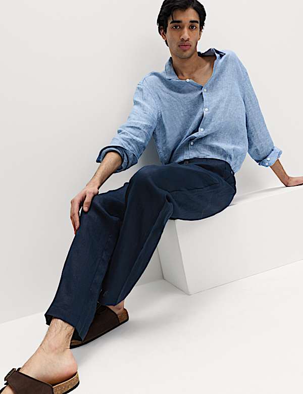 Pure Linen Half- Elasticated Waist Trousers - US