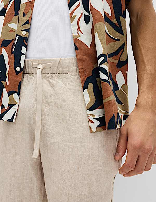 Pantalones holgados con cintura con el&aacute;stico 100 % lino - US