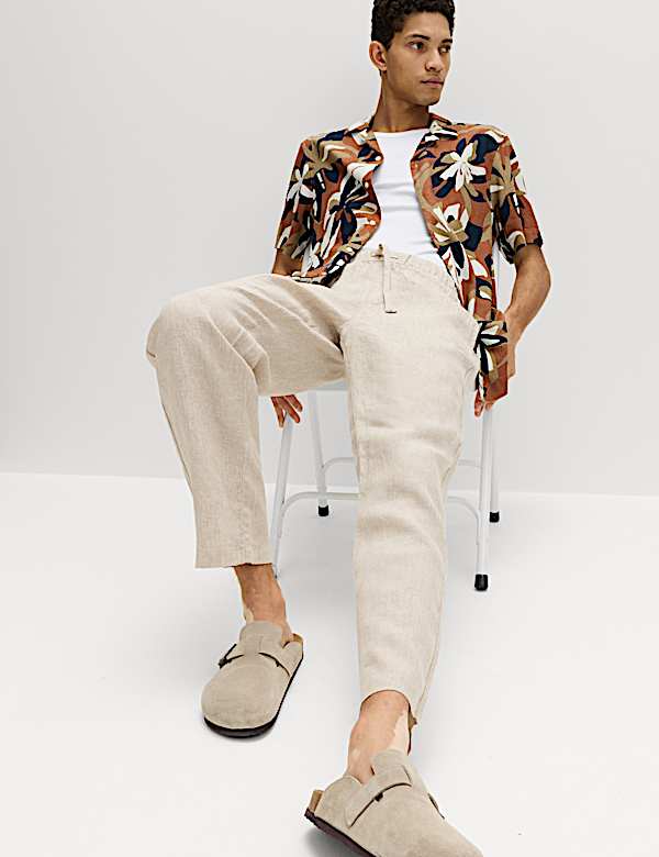 Pantalones holgados con cintura con el&aacute;stico 100 % lino - US