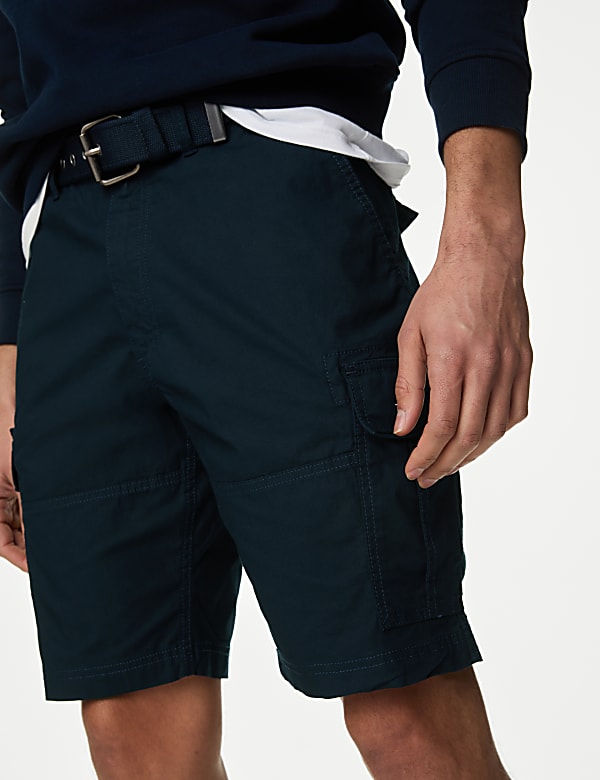 Pure Cotton Ripstop Textured  Belted Cargo Shorts - FR