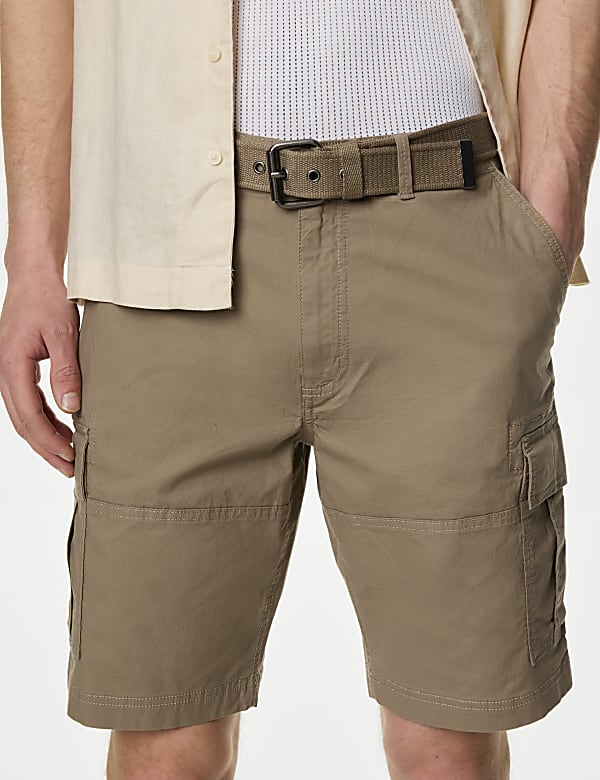 Pure Cotton Ripstop Textured Belted Cargo Shorts TOFFEE Shorts M S GR