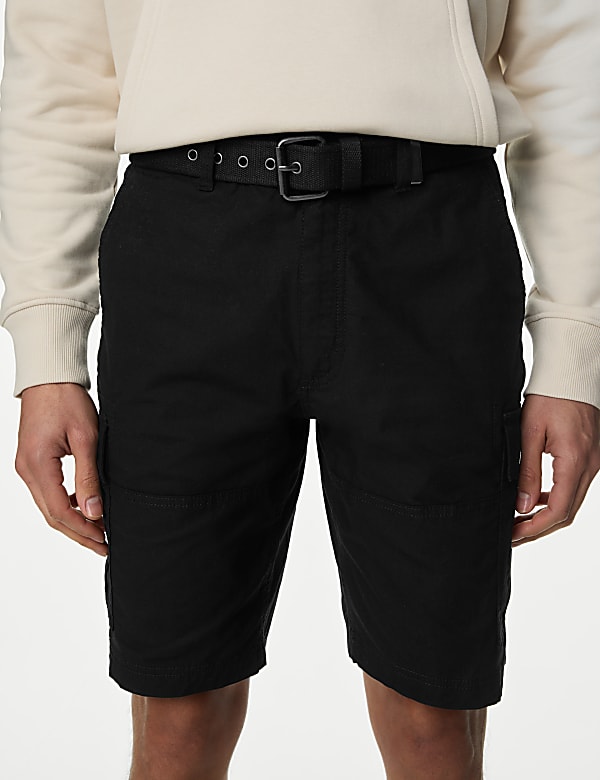 Pure Cotton Ripstop Textured  Belted Cargo Shorts - VN