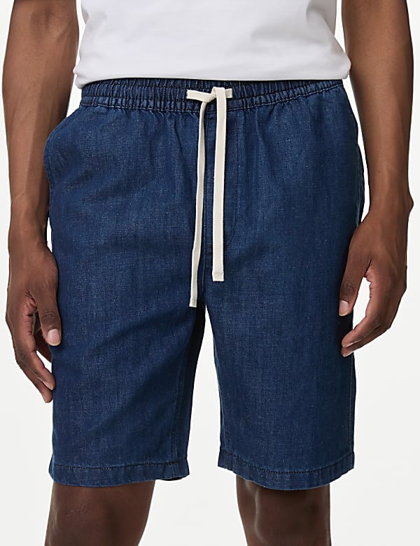 Short cargo denim en lin mélangé à taille élastique  - LU