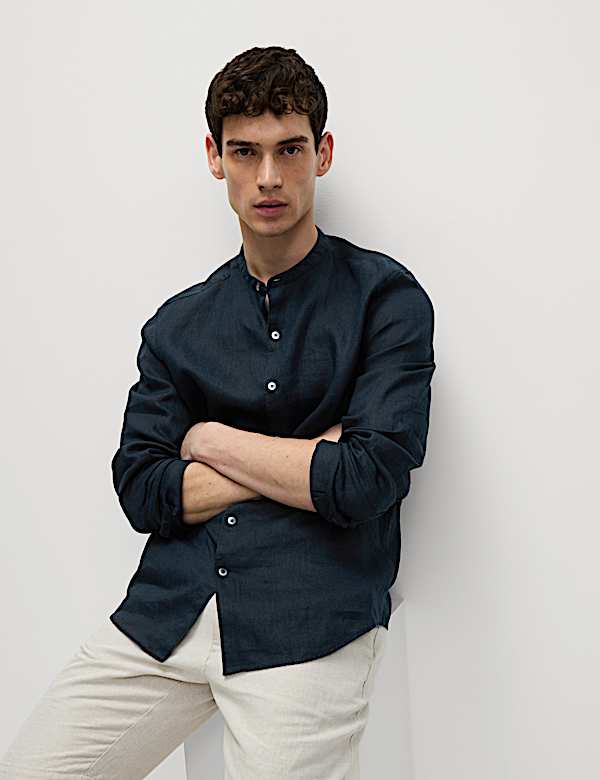 Pure Linen Grandad Collar Shirt - US