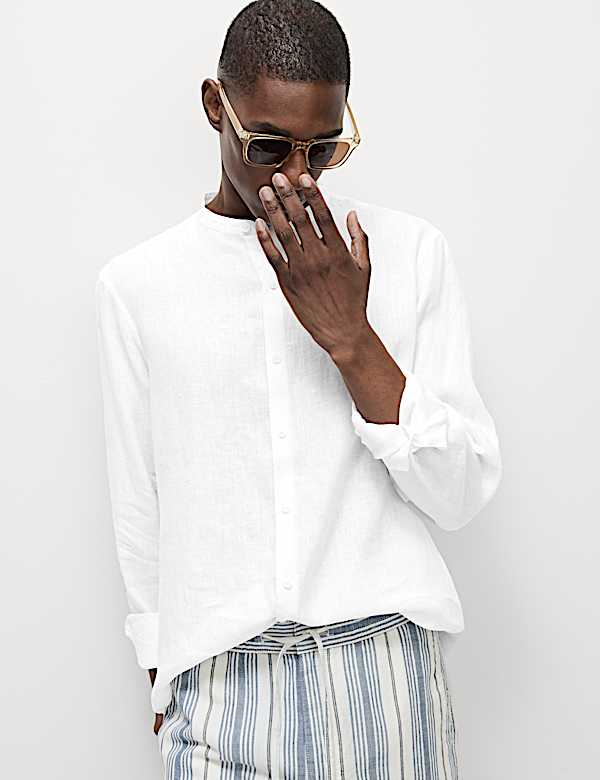 Pure Linen Grandad Collar Shirt - US