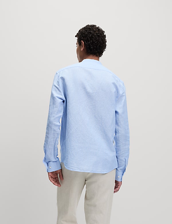 Cotton Linen Blend Striped Grandad Collar Shirt