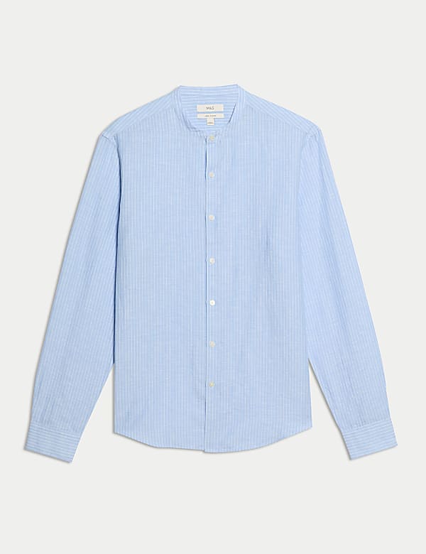 Cotton Linen Blend Striped Grandad Collar Shirt - EE