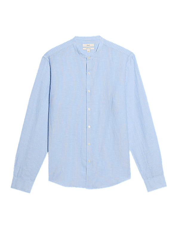 Cotton Linen Blend Striped Grandad Collar Shirt