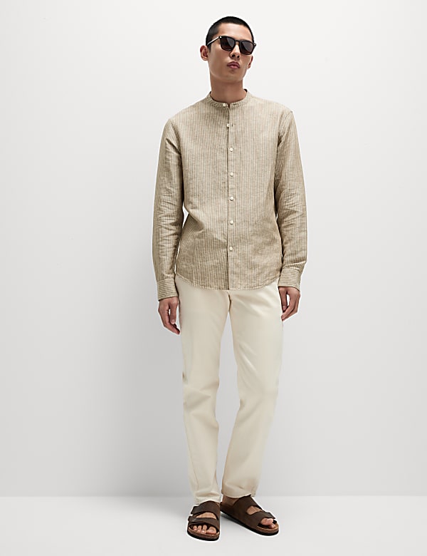 Linen Cotton Striped Grandad Collar Shirt