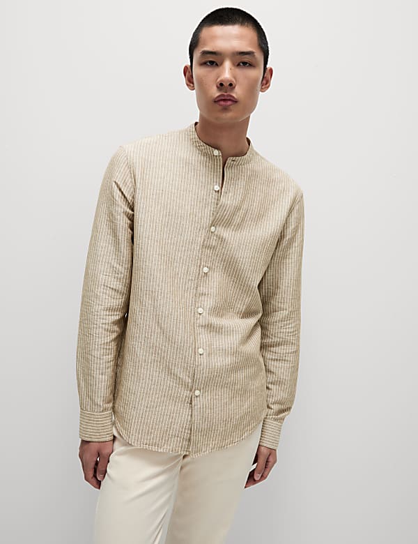 Linen Cotton Striped Grandad Collar Shirt