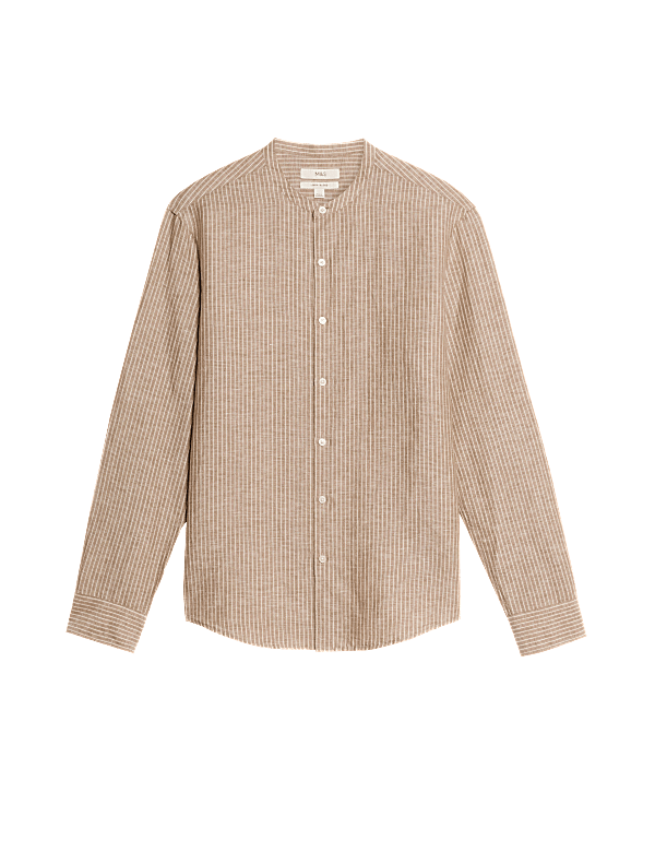 Linen Cotton Striped Grandad Collar Shirt