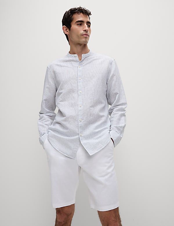 Cotton Linen Blend Striped Grandad Collar Shirt