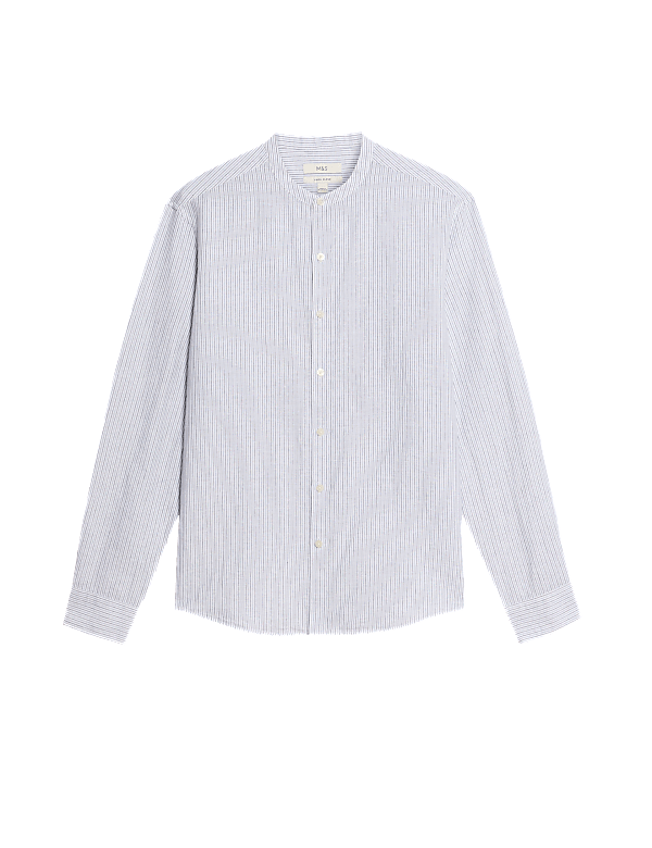 Cotton Linen Blend Striped Grandad Collar Shirt