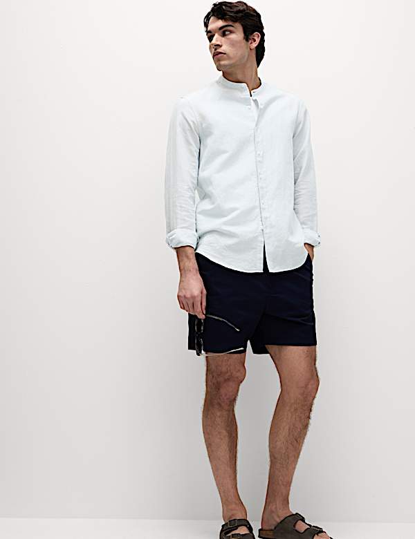 Cotton Linen Blend Grandad Collar Shirt