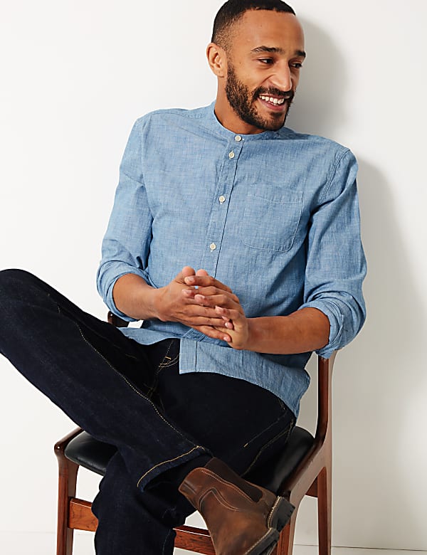 Pure Cotton Grandad Shirt with Pocket