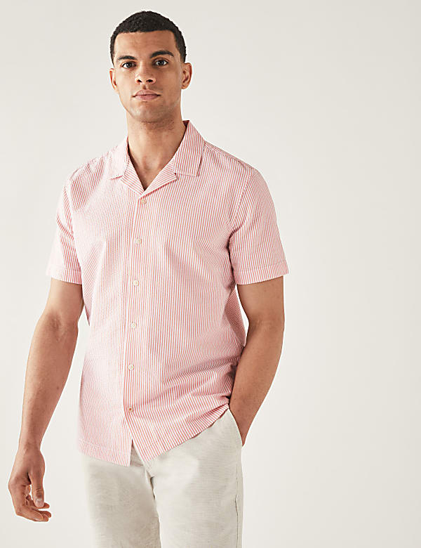 Pure Cotton Seersucker Cuban Collar Shirt