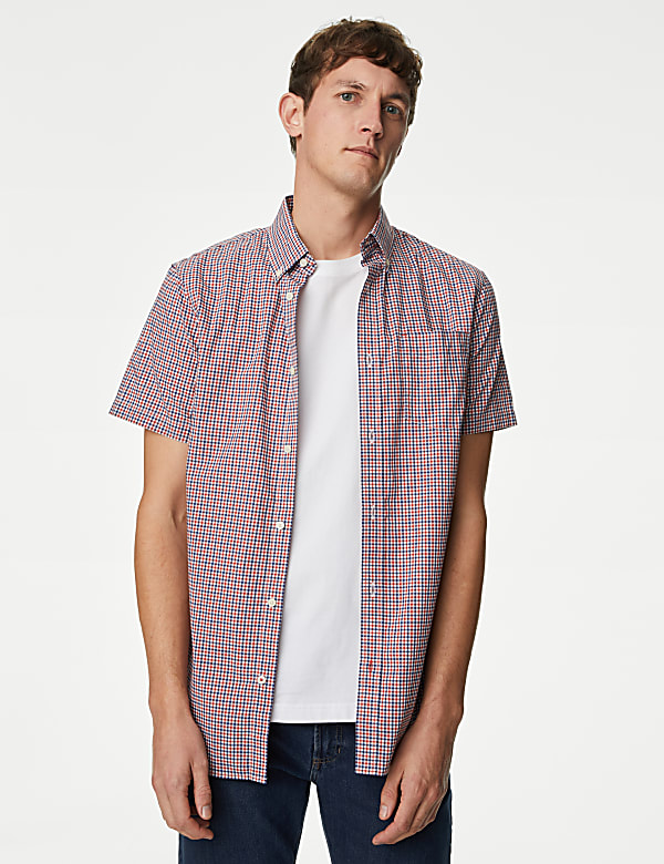 Easy Iron Cotton Stretch Gingham Check Oxford Shirt - US