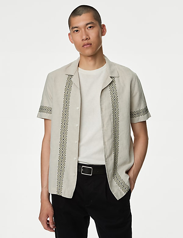 Cotton Linen Blend Embroidered Border Shirt