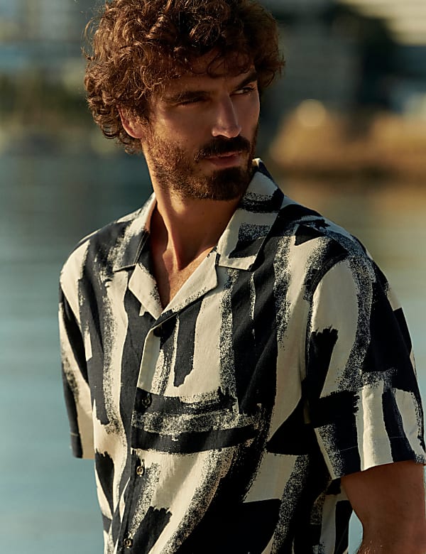 Linen Blend Abstract Print Cuban Collar Shirt - CY