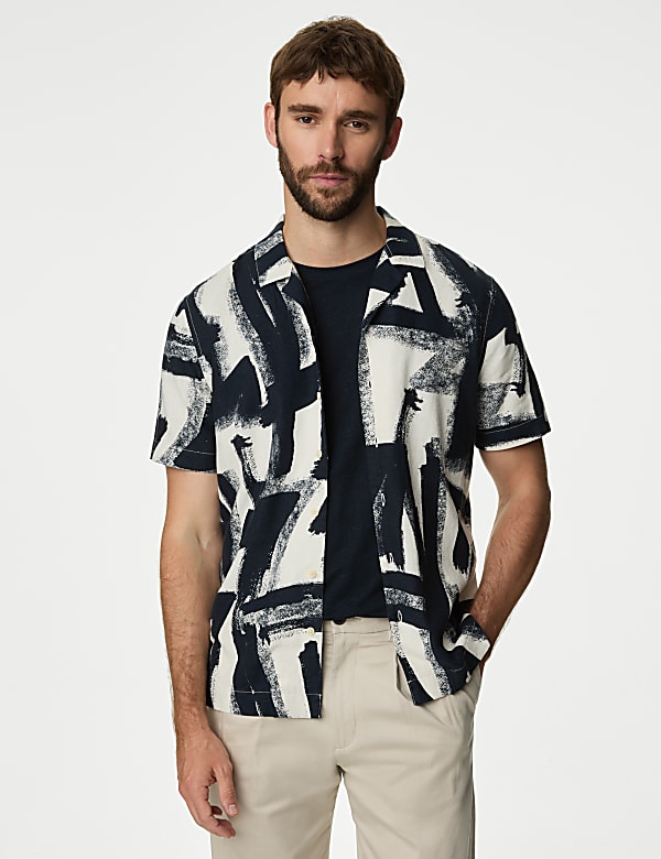 Linen Blend Abstract Print Cuban Collar Shirt