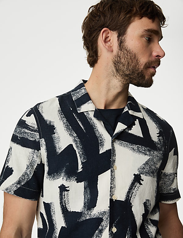 Linen Blend Abstract Print Cuban Collar Shirt