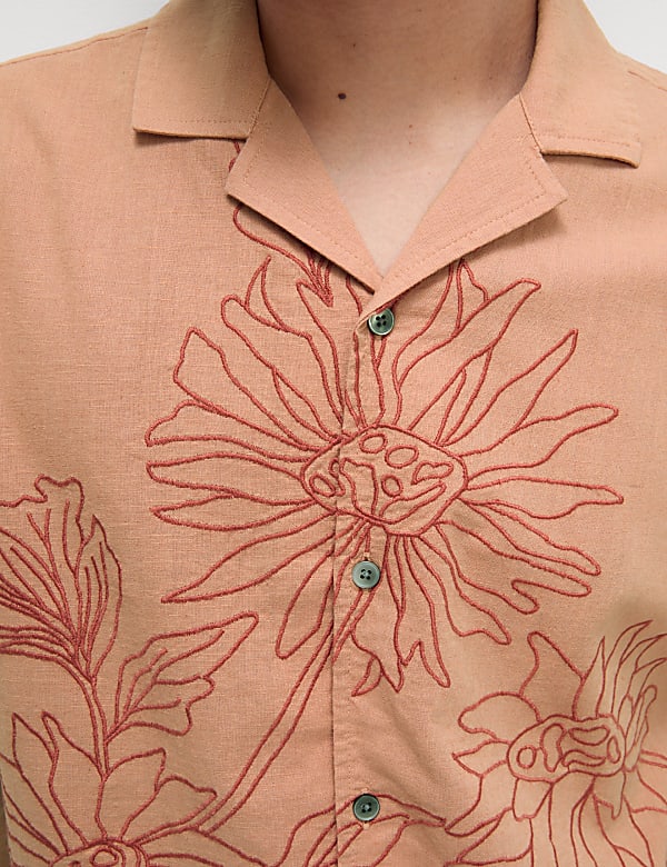Camisa de algodón de lino con bordado floral - ES