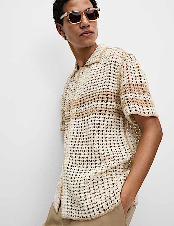 Relaxed Fit Striped Short Sleeve Knitted Shirt - NO