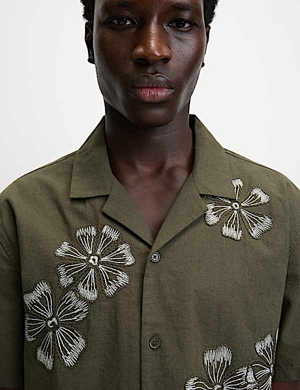 Regular Fit Cotton Linen Blend Short Sleeve Shirt - DK