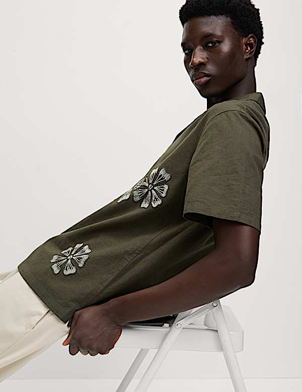 Regular Fit Cotton Linen Blend Short Sleeve Shirt - DK