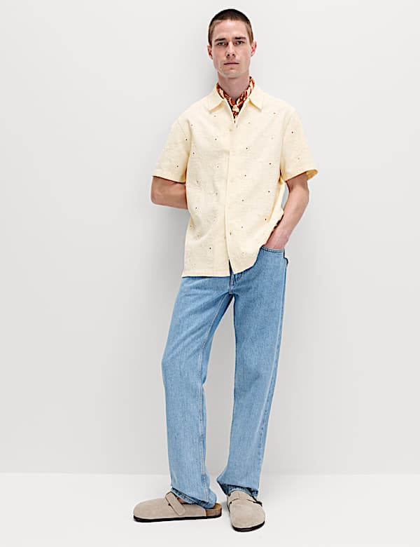 Pure Cotton Embroidered Short Sleeve Shirt - DK