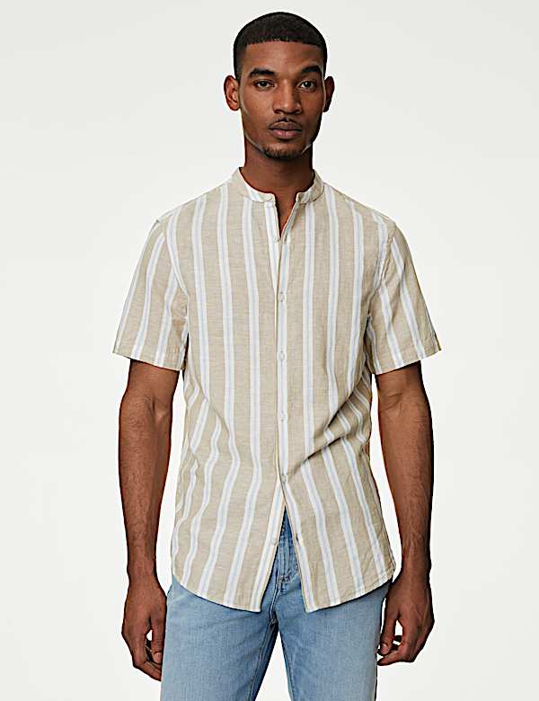 Easy Iron Cotton Linen Blend Grandad Collar Shirt - KG