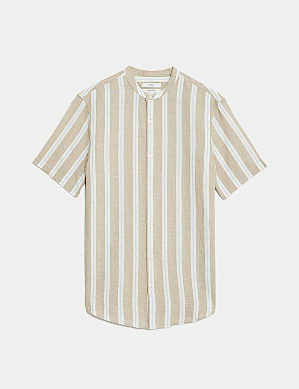 Easy Iron Cotton Linen Blend Grandad Collar Shirt - KG