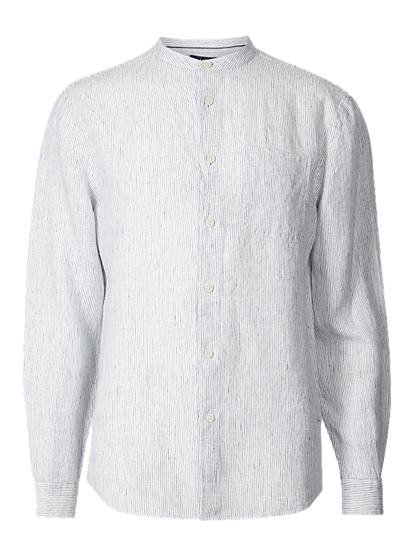 Pure Linen Striped Grandad Shirt with Pocket