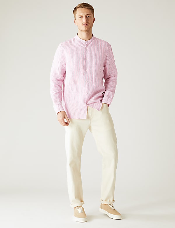 Pure Linen Striped Grandad Collar Shirt