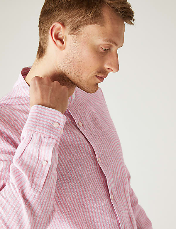 Pure Linen Striped Grandad Collar Shirt