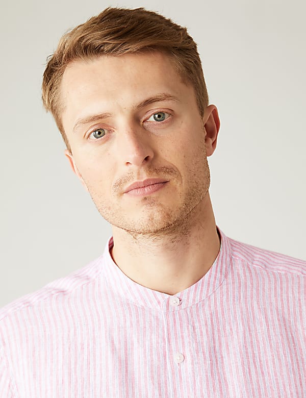 Pure Linen Striped Grandad Collar Shirt