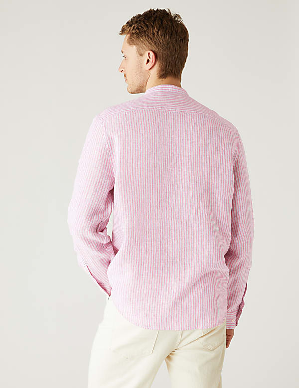 Pure Linen Striped Grandad Collar Shirt